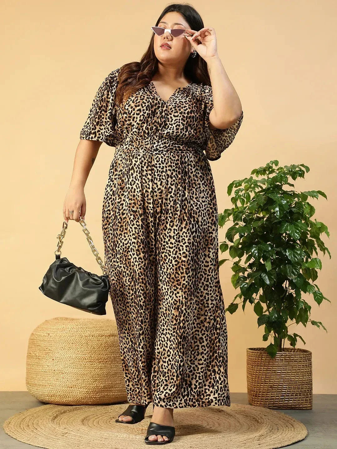 Multicolor Animal Print Button Down Short Sleeve Elasticated Plus Size Women Jumpsuit - oxolloxo