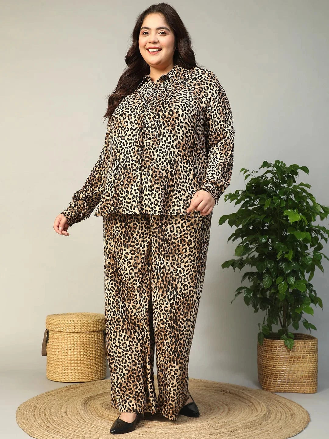 Dark Multicolor Animal Print Collared Shirt And Elasticated Pant Plus Size Women Co-Ord Set