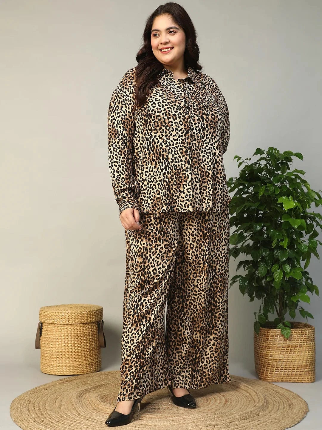 Dark Multicolor Animal Print Collared Shirt And Elasticated Pant Plus Size Women Co-Ord Set