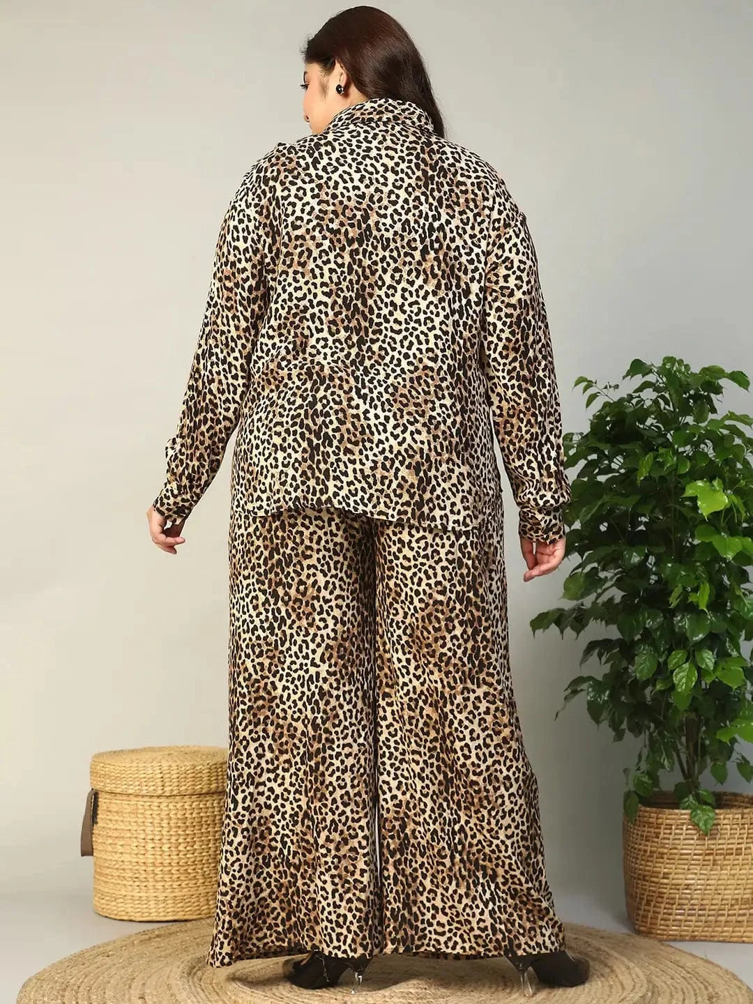 Dark Multicolor Animal Print Collared Shirt And Elasticated Pant Plus Size Women Co-Ord Set
