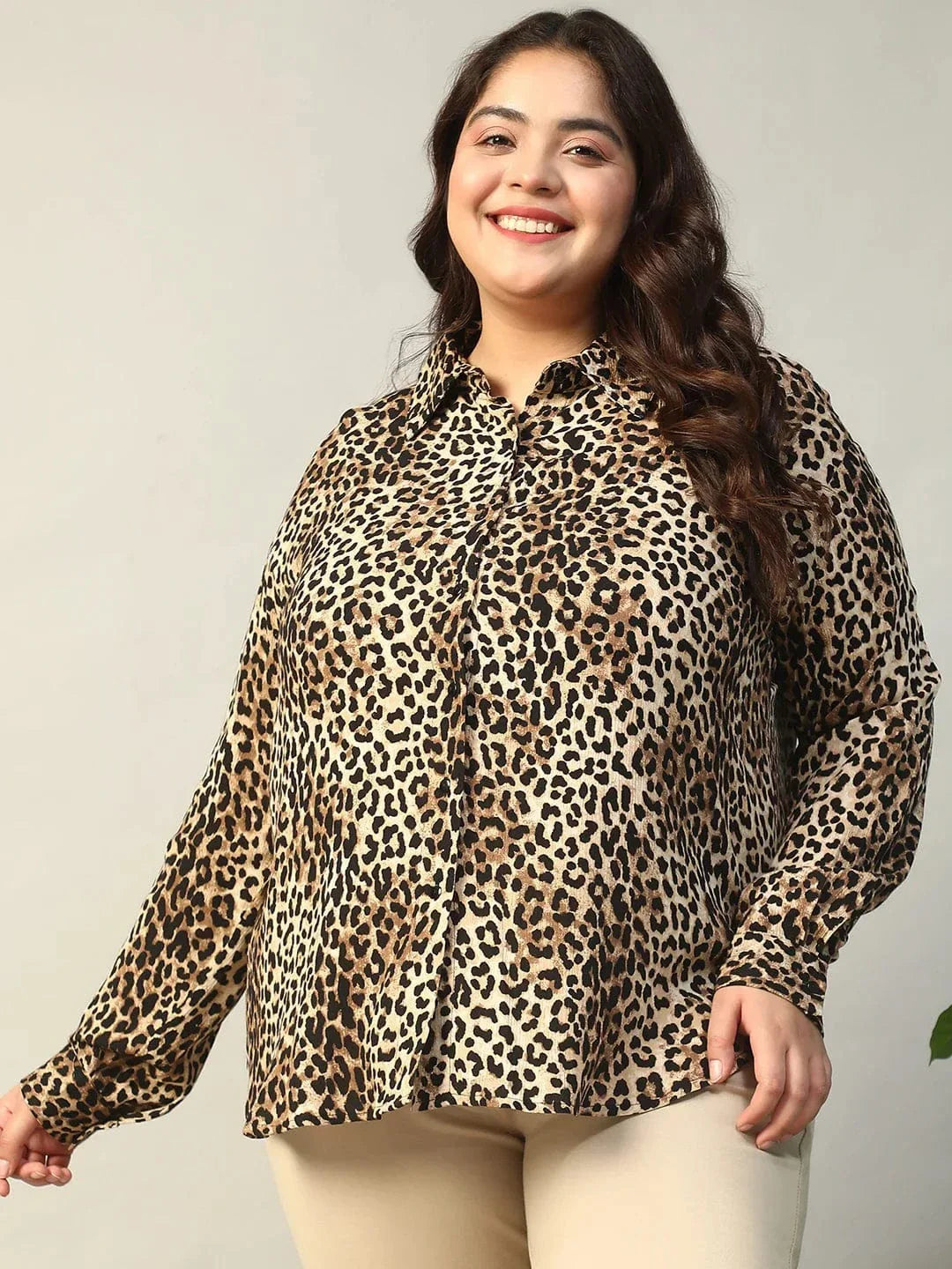 Multicolor Animal Print Collared Long Sleeve Plus Size Women Shirt - oxolloxo