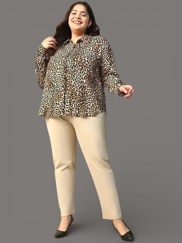 Multicolor Animal Print Collared Long Sleeve Plus Size Women Shirt