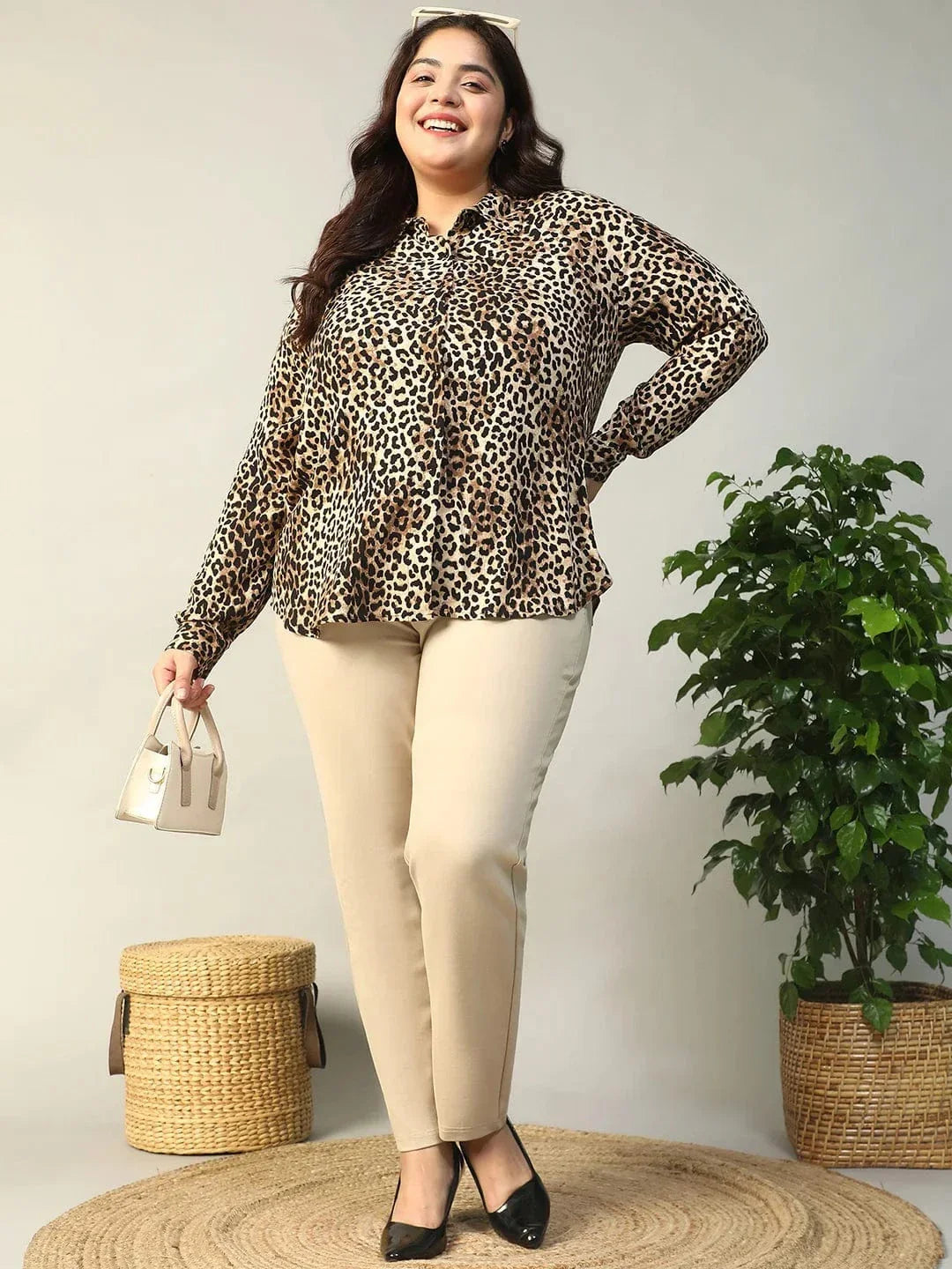 Multicolor Animal Print Collared Long Sleeve Plus Size Women Shirt - oxolloxo