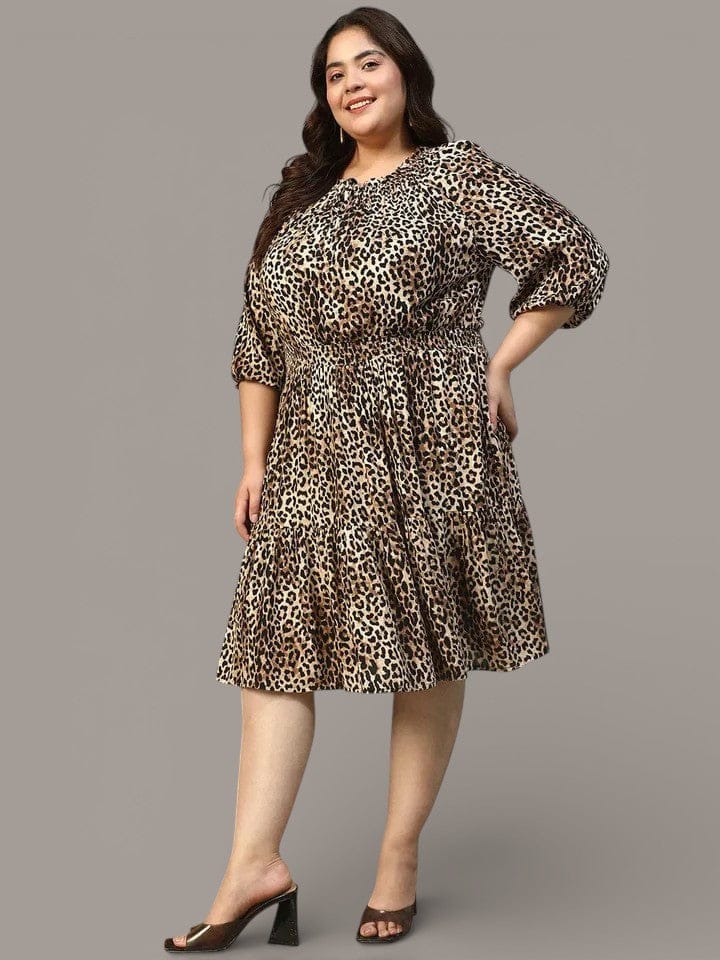 Multicolor Animal Print Tie-Up Detail Elasticated 3/4 Length Sleeve Plus Size Women Dress
