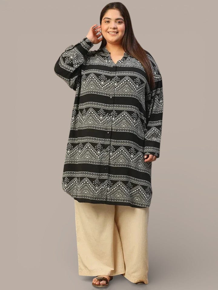 Black V- Neck Long Sleeve Rayon Crepe Abstarct Print Plus Size Women Tunic