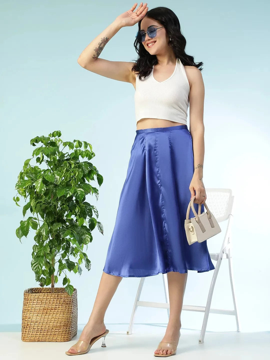Womp Solid Blue Elasticated Knee Length Women Satin Skirt