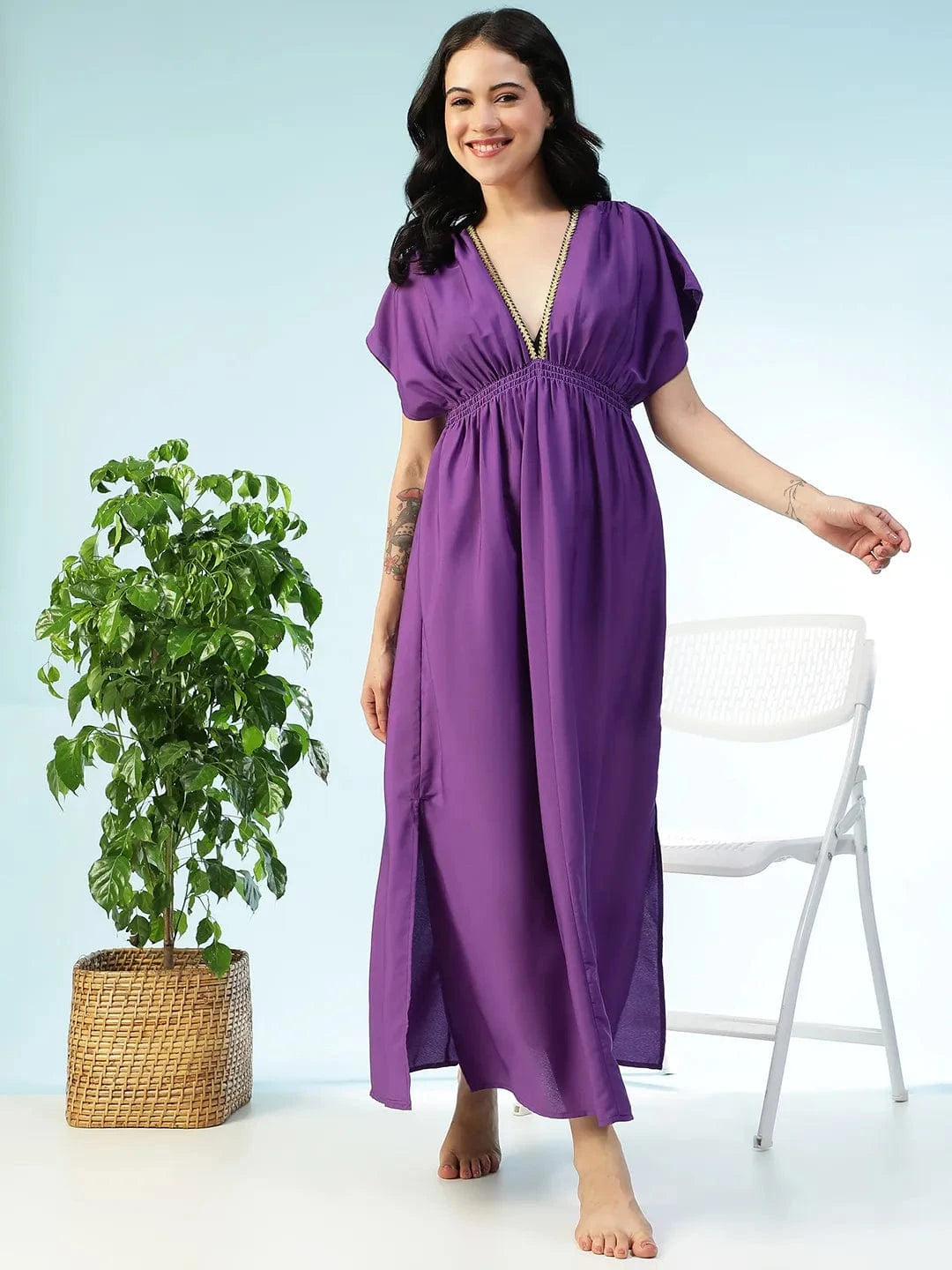 Drobe Solid Blue Lace Detail Elasticated Women Long Beachwear Dress