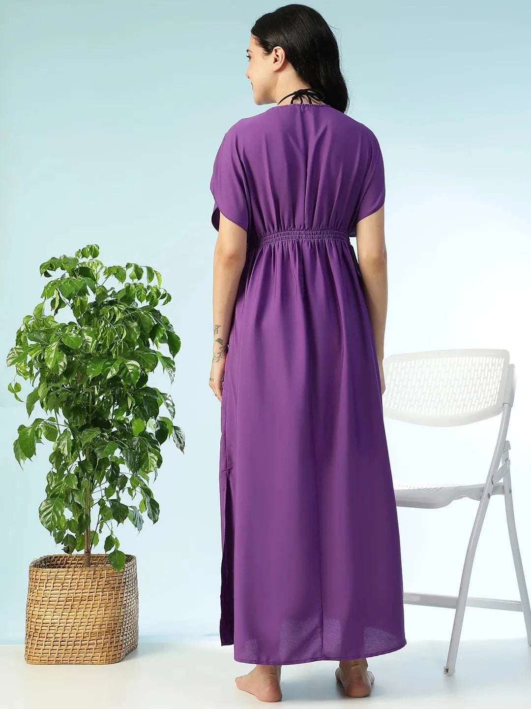 Drobe Solid Blue Lace Detail Elasticated Women Long Beachwear Dress