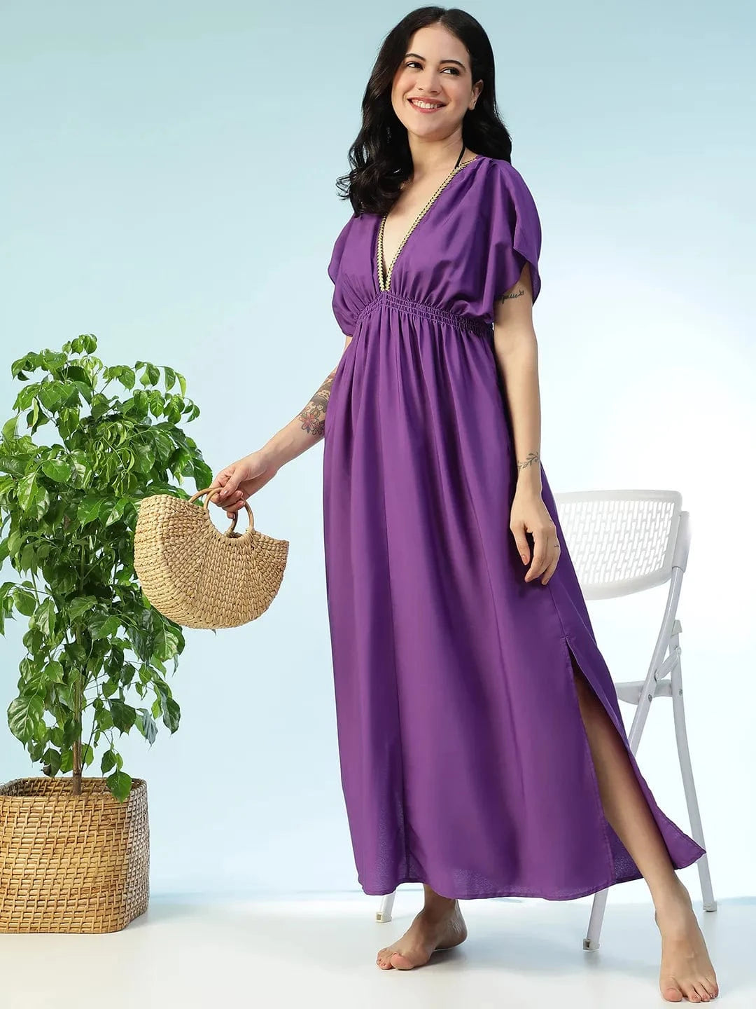 Drobe Solid Blue Lace Detail Elasticated Women Long Beachwear Dress