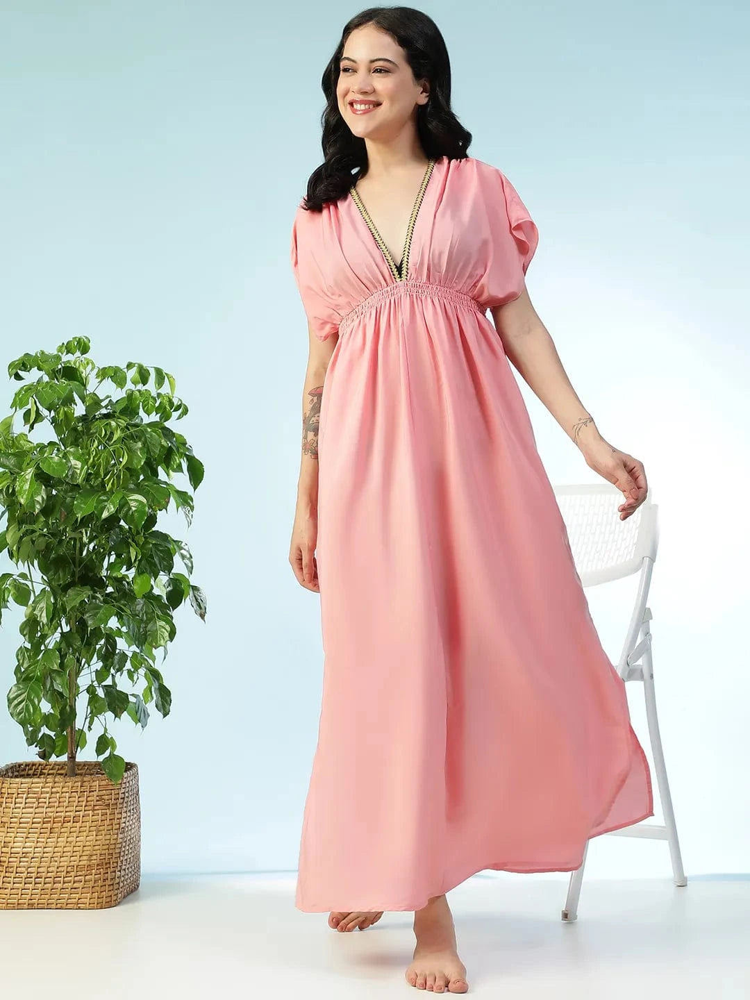 Women Solid Pink V-Neck Lace Detail Short Sleeve Elasticated Beachwear Dress With Side Slits