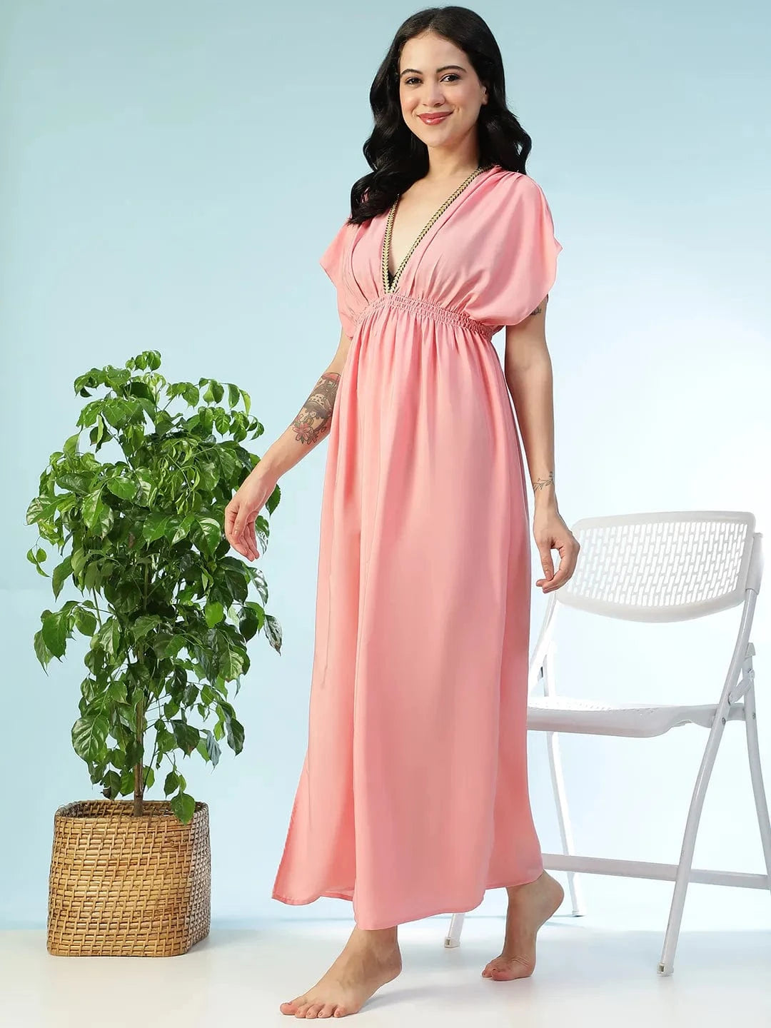 Women Solid Pink V-Neck Lace Detail Short Sleeve Elasticated Beachwear Dress With Side Slits