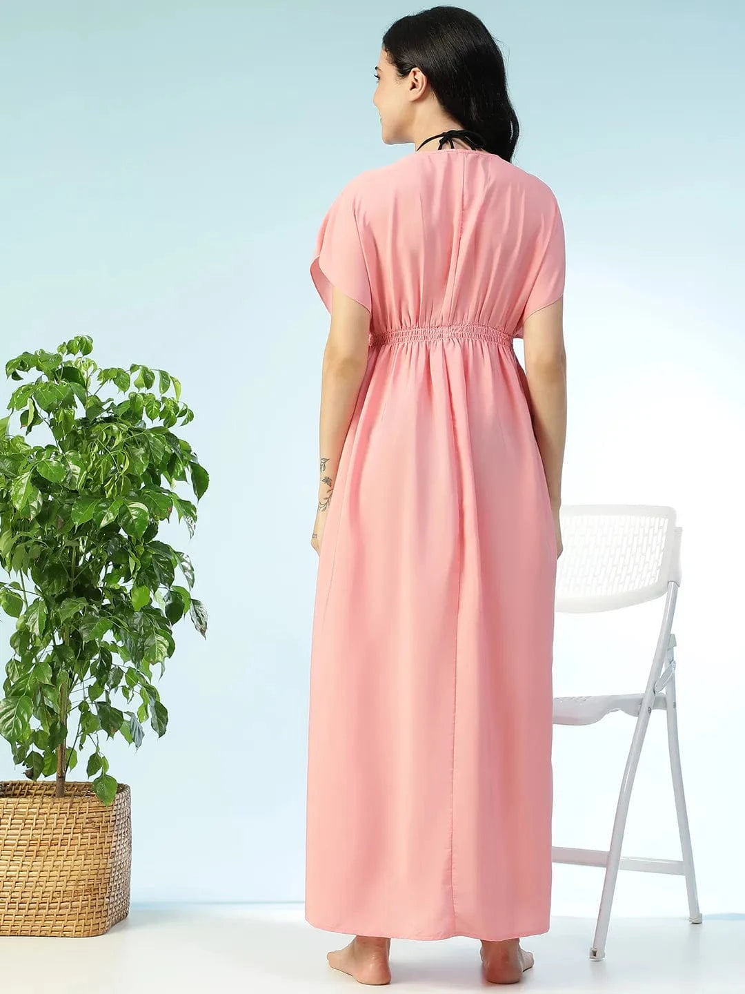 Women Solid Pink V-Neck Lace Detail Short Sleeve Elasticated Beachwear Dress With Side Slits