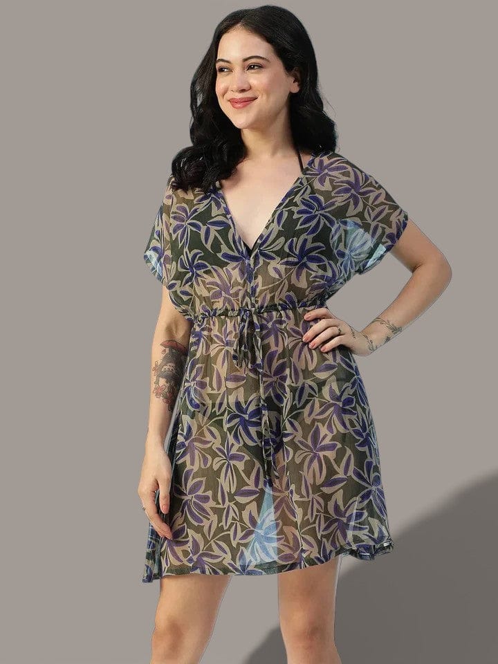 Blue Floral Print Beachwear Kaftan