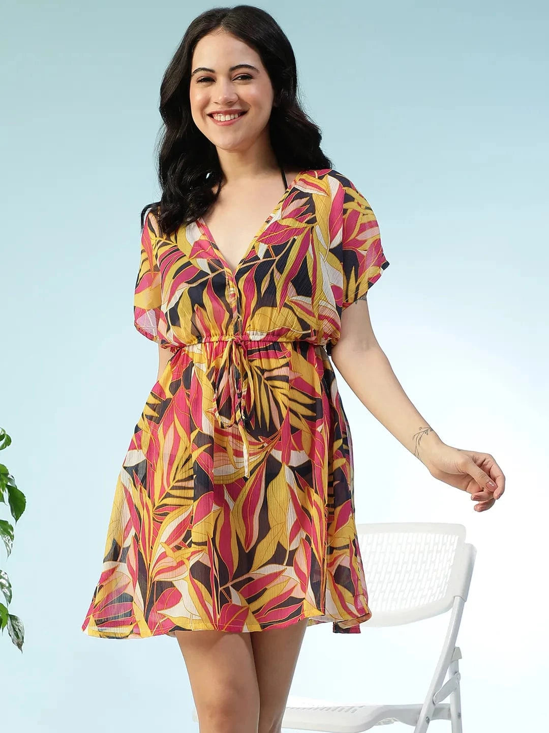 Multicolor Tropical Print Elasticated Tie-Up Detail Women Beachwear Kaftan