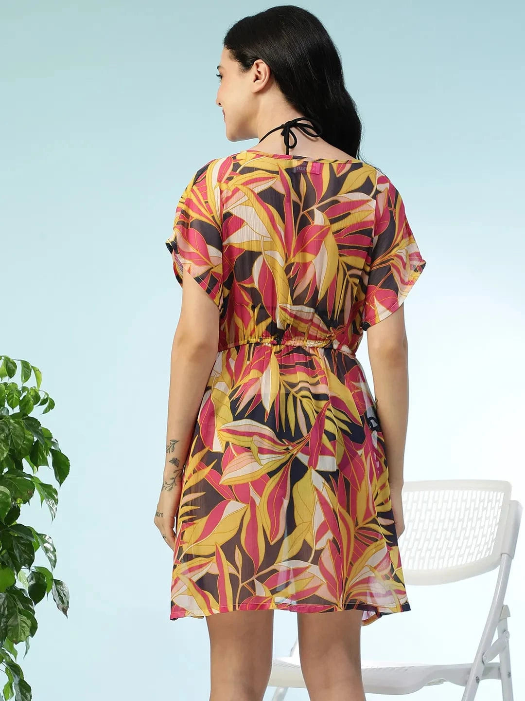 Multicolor Tropical Print Elasticated Tie-Up Detail Women Beachwear Kaftan