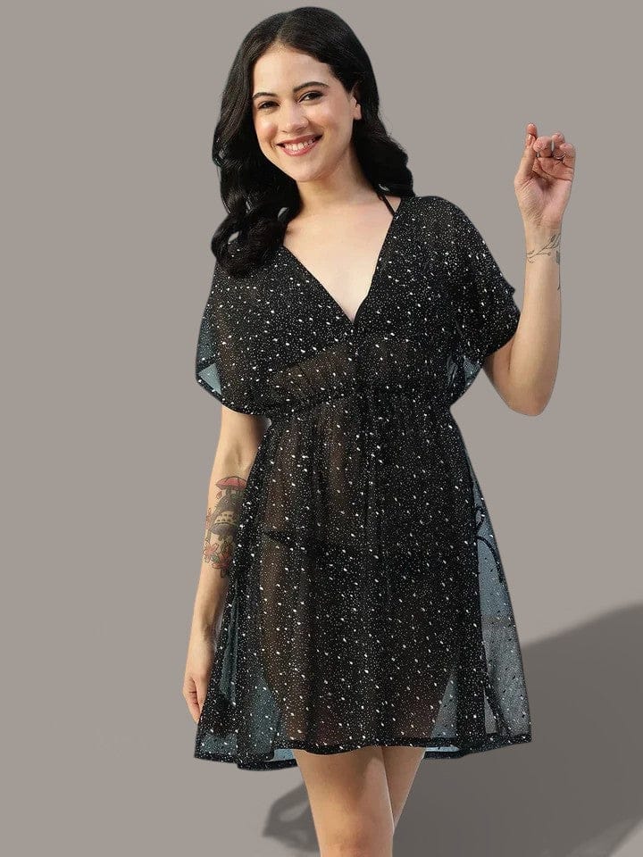 Black Foil Printed  Beachwear Kaftan