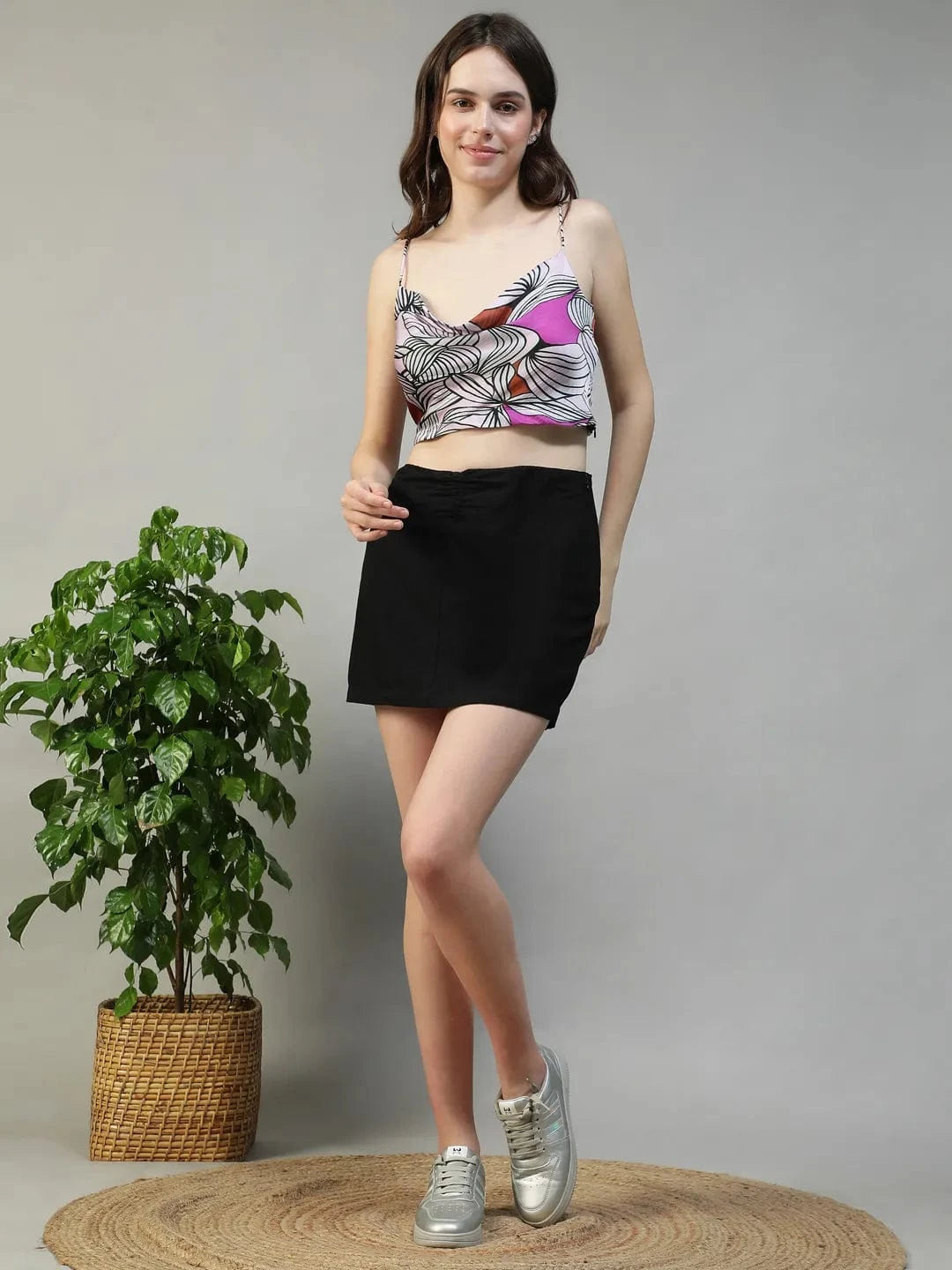 Bougie Purple Floral Satin Print Shoulder Strap Cowl Neck Sleeveless Women Crop Top