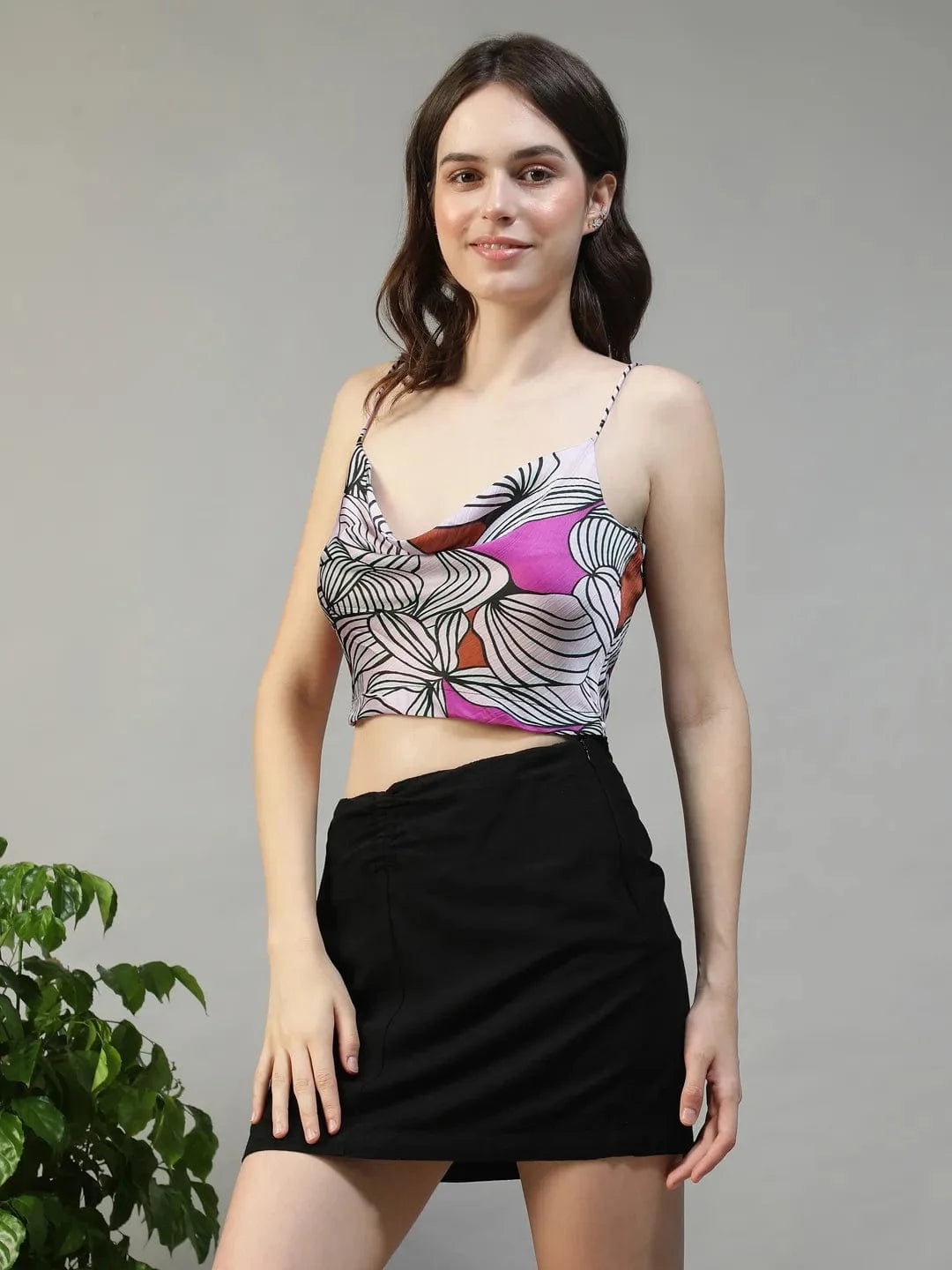Bougie Purple Floral Satin Print Shoulder Strap Cowl Neck Sleeveless Women Crop Top