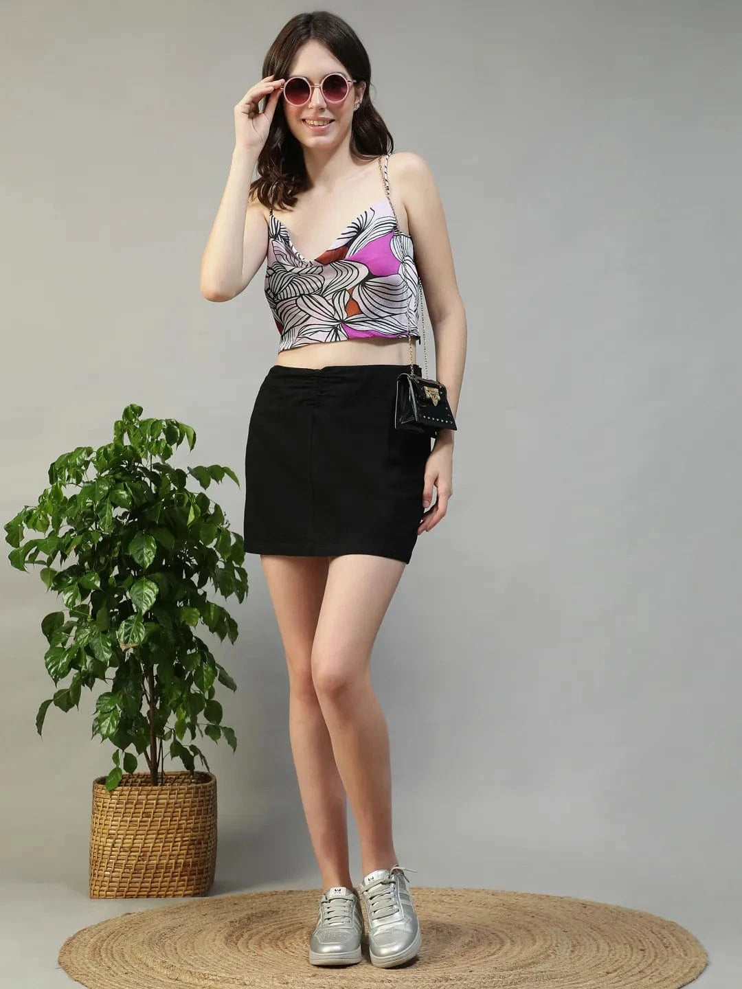 Bougie Purple Floral Satin Print Shoulder Strap Cowl Neck Sleeveless Women Crop Top