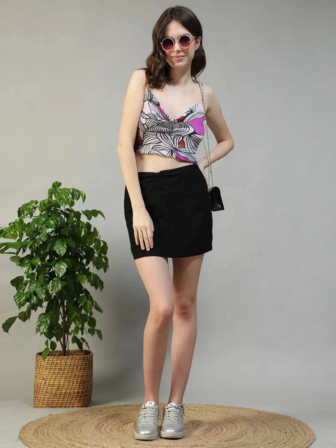 Bougie Purple Floral Satin Print Shoulder Strap Cowl Neck Sleeveless Women Crop Top