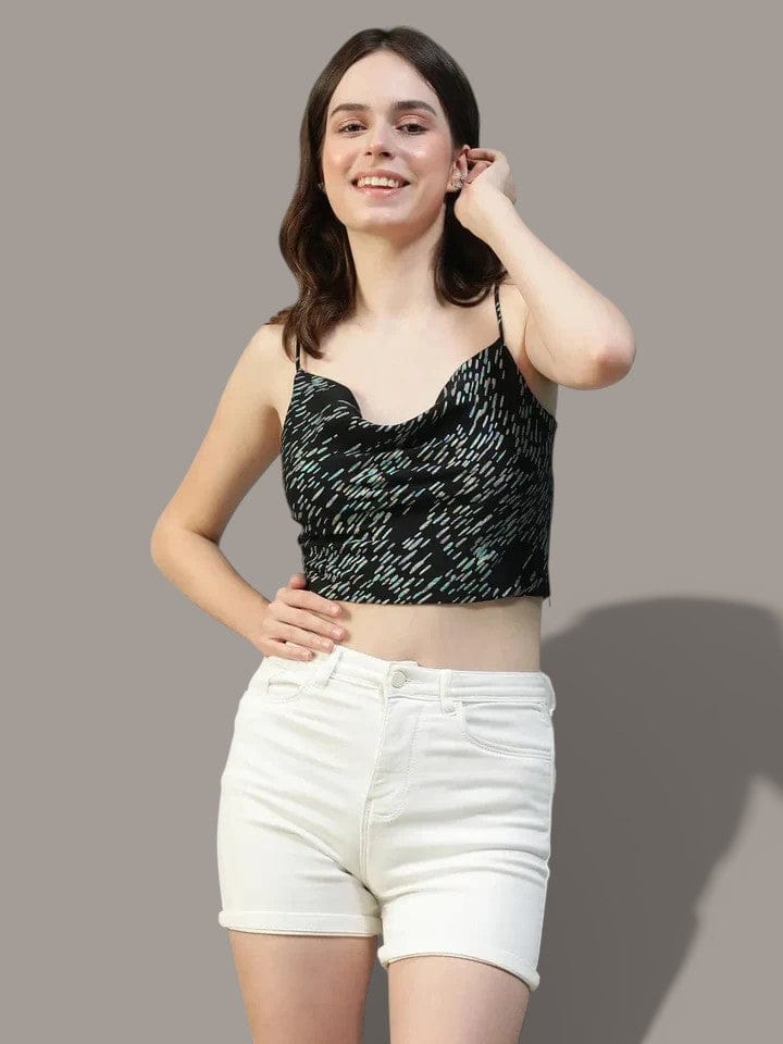 Black Foil Print Shoulder Strap Crop Top