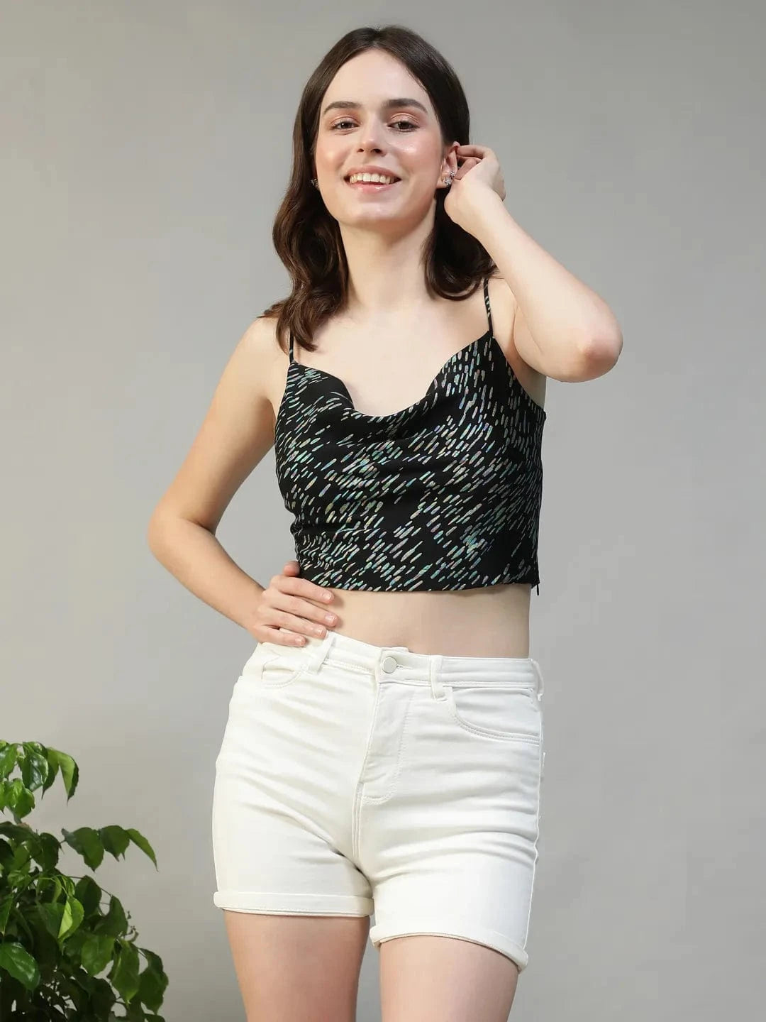 Glammed Black Foil Print Shoulder Strap Cowl Neck Sleeveless Women Crop Top