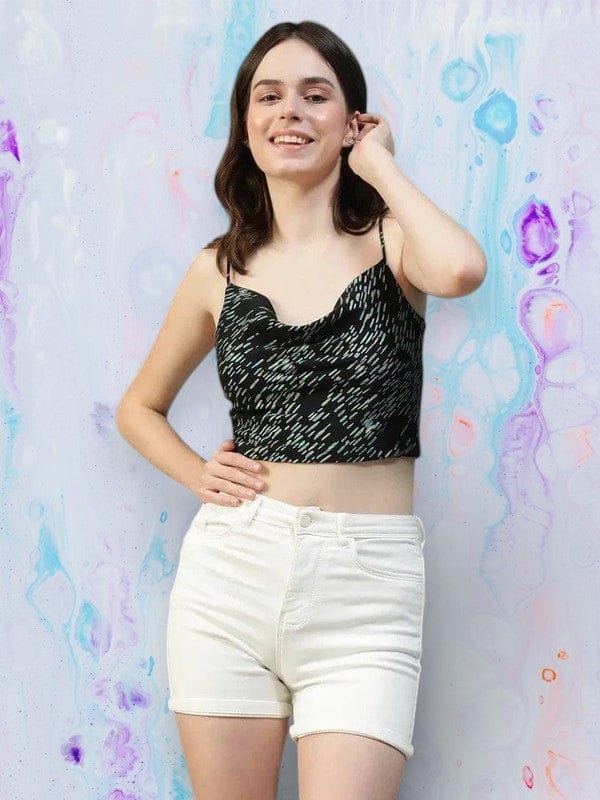 Black Foil Print Shoulder Strap Crop Top