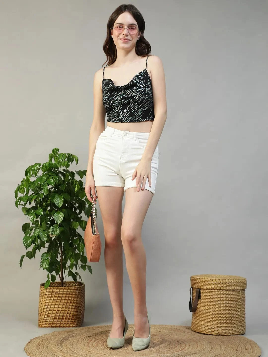 Glammed Black Foil Print Shoulder Strap Cowl Neck Sleeveless Women Crop Top