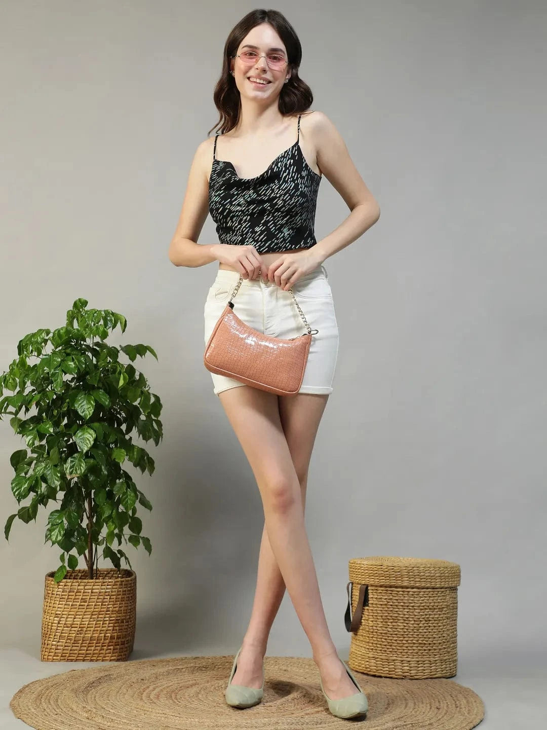 Glammed Black Foil Print Shoulder Strap Cowl Neck Sleeveless Women Crop Top