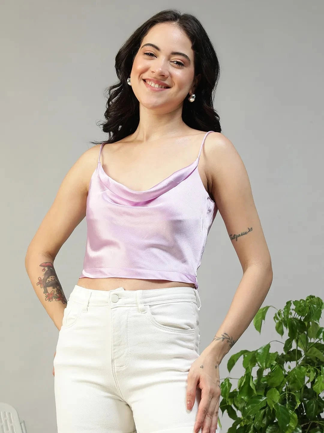 Slayage Purple Shoulder Strap Cowl Neck Sleeveless  Women Crop Top