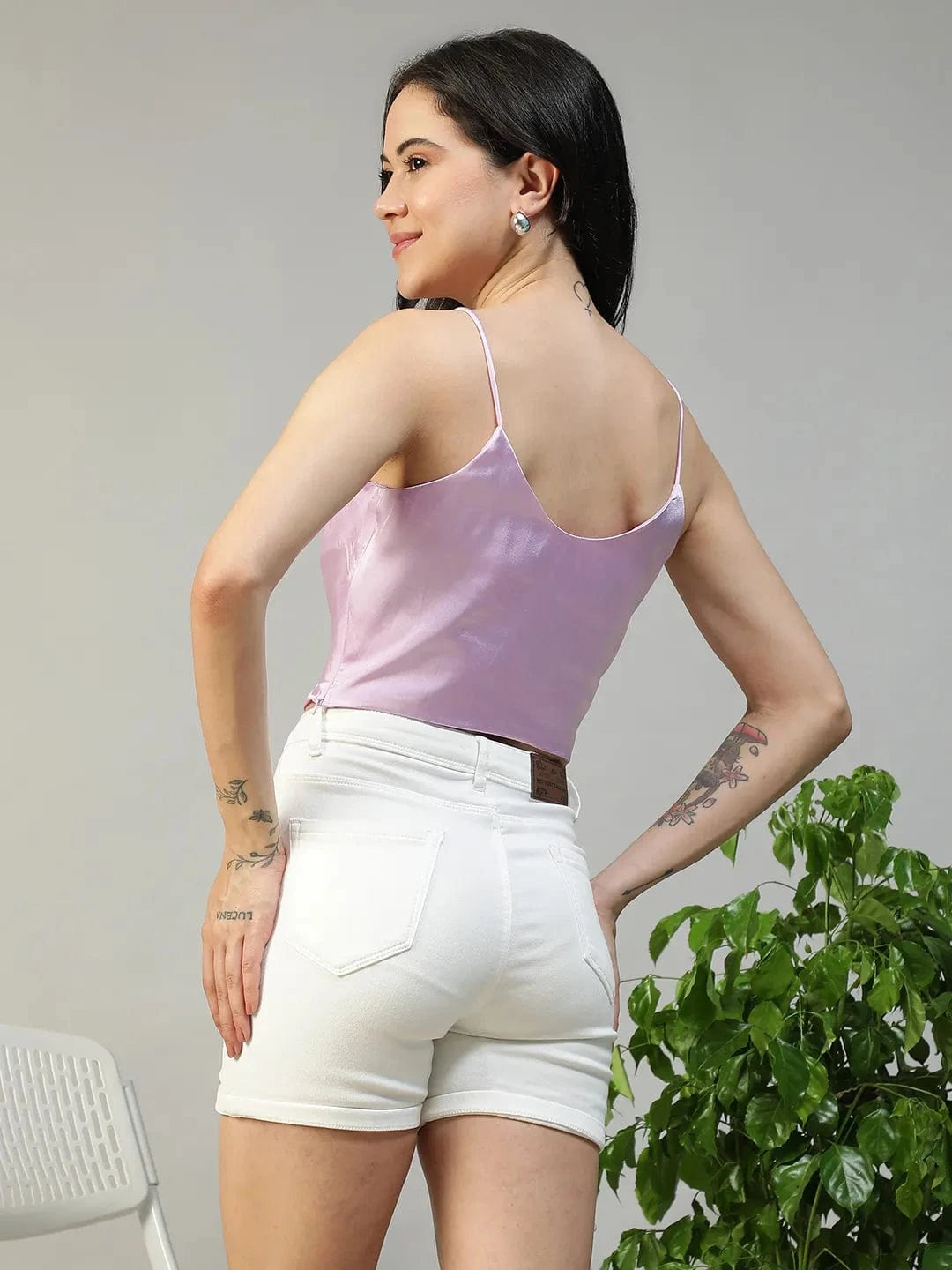 Slayage Purple Shoulder Strap Cowl Neck Sleeveless  Women Crop Top