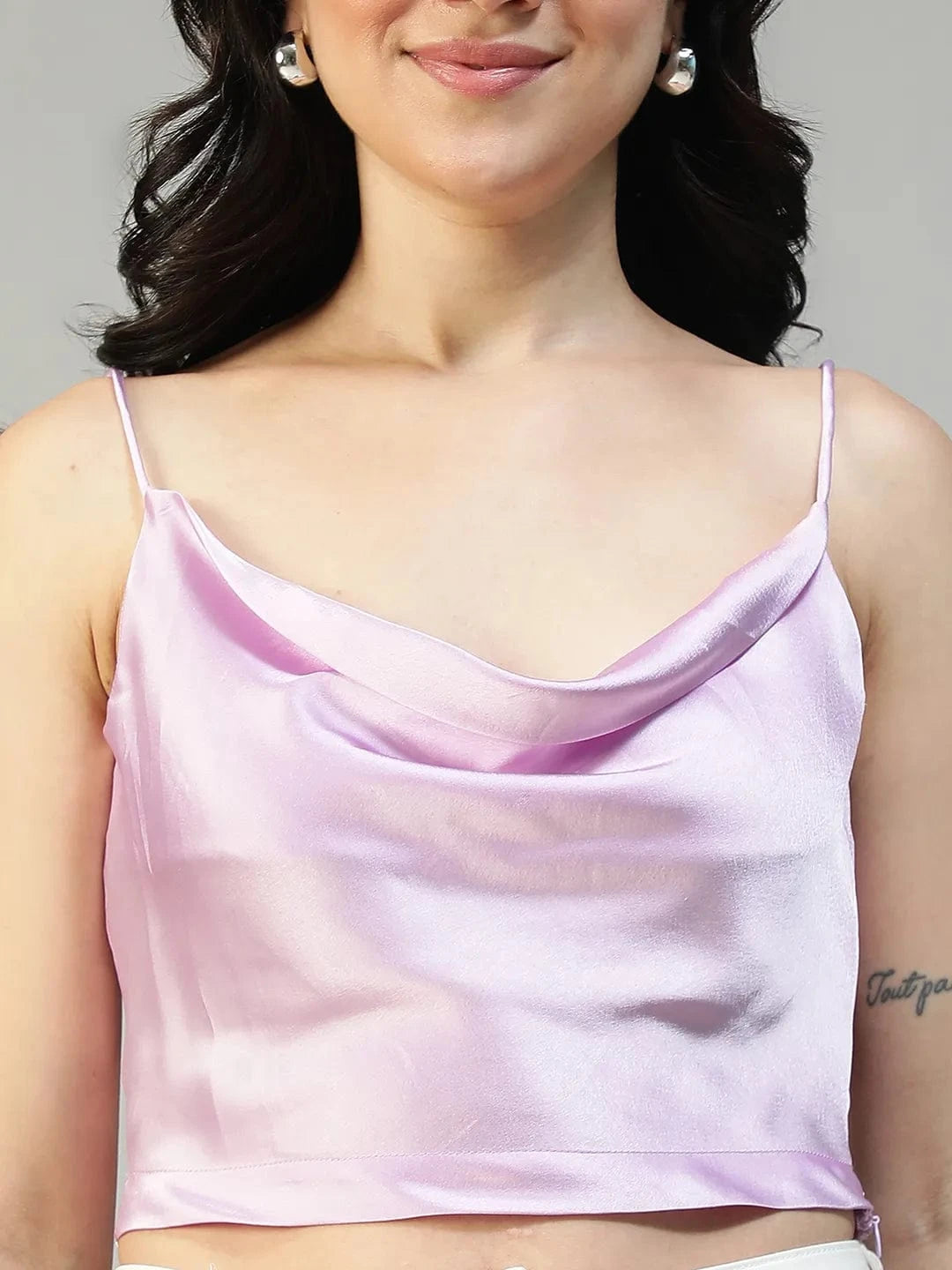 Slayage Purple Shoulder Strap Cowl Neck Sleeveless  Women Crop Top