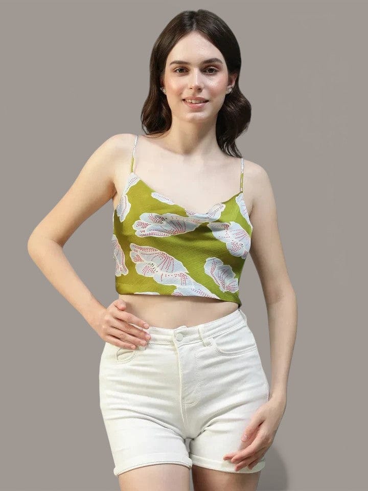 Green Floral Print Shoulder Strap Crop Top
