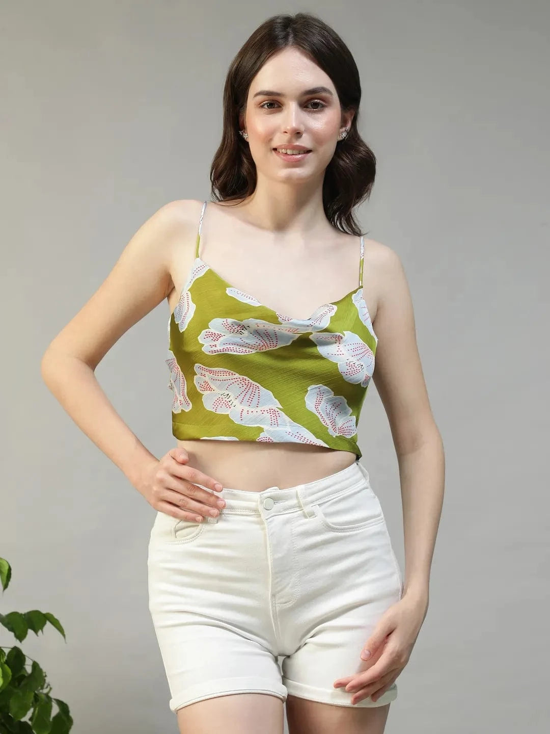 Glowmood Green Floral Satin Print Shoulder Strap Cowl Neck Sleeveless  Women Crop Top