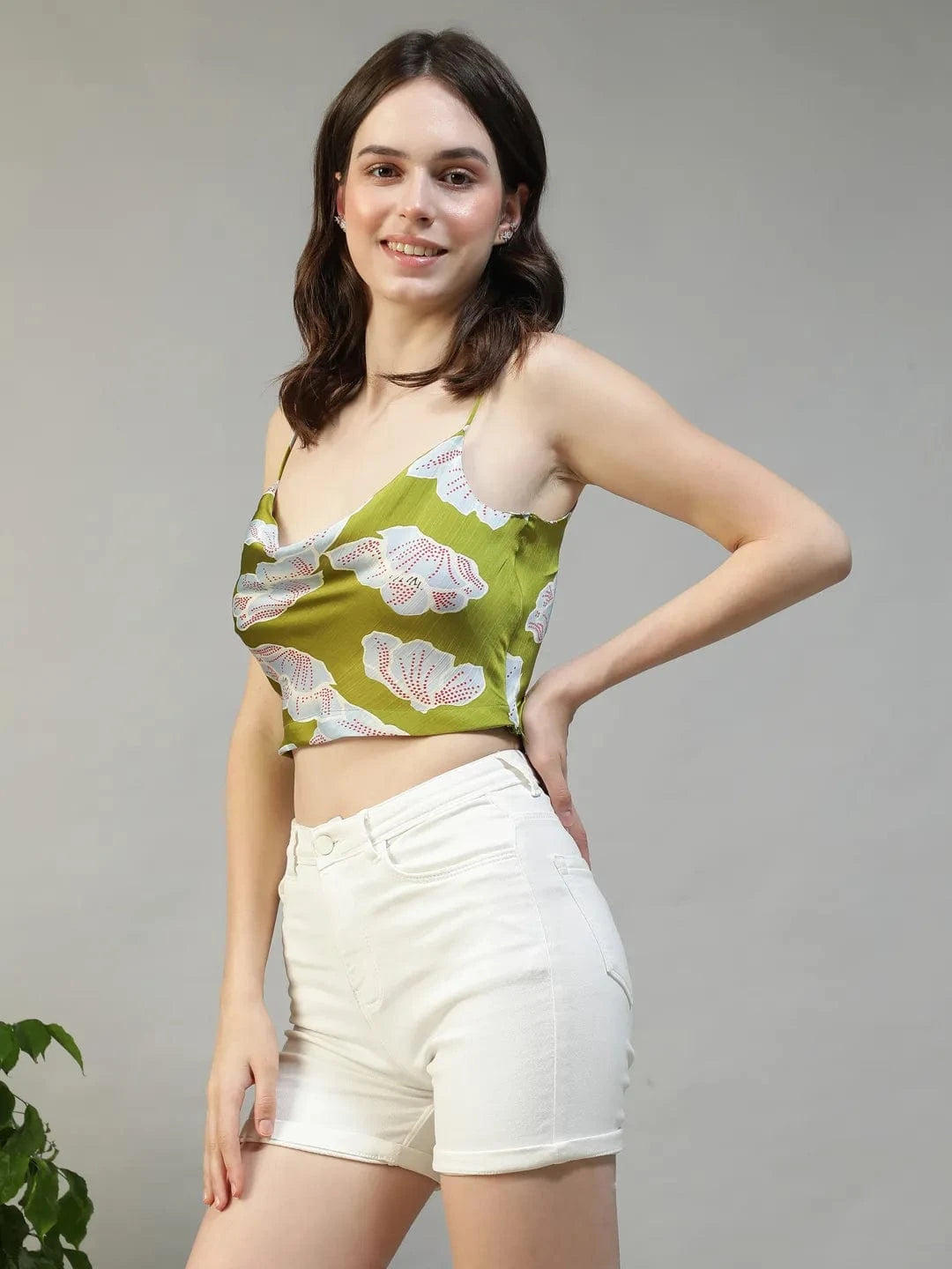 Glowmood Green Floral Satin Print Shoulder Strap Cowl Neck Sleeveless  Women Crop Top