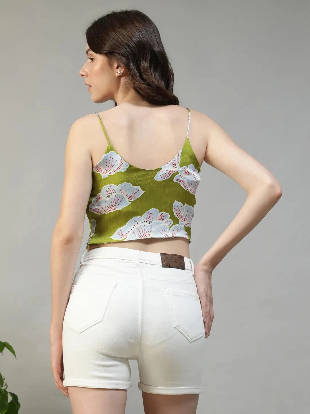 Glowmood Green Floral Satin Print Shoulder Strap Cowl Neck Sleeveless  Women Crop Top