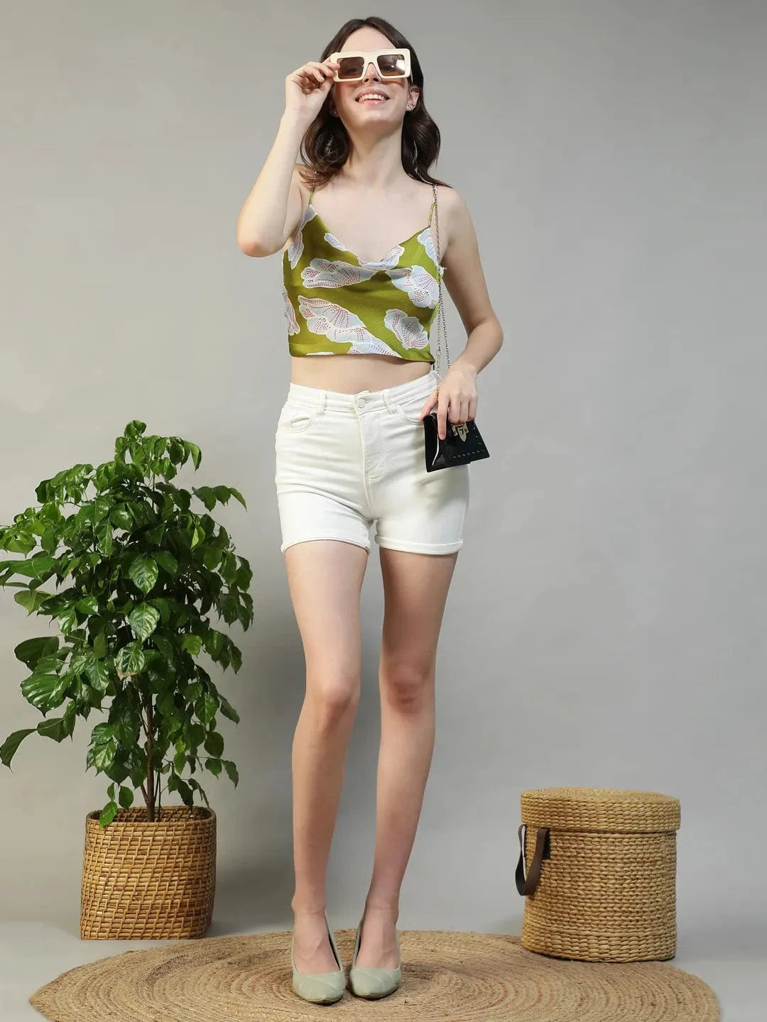 Glowmood Green Floral Satin Print Shoulder Strap Cowl Neck Sleeveless  Women Crop Top