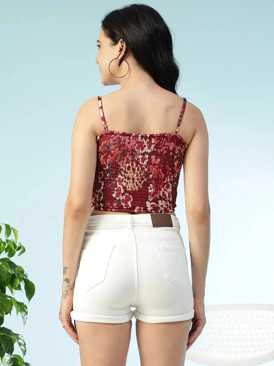 Amp Wine Abstract Print  Shoulder Strap Sleeveless Smocked Tie-Up Detail Women  Crop Top