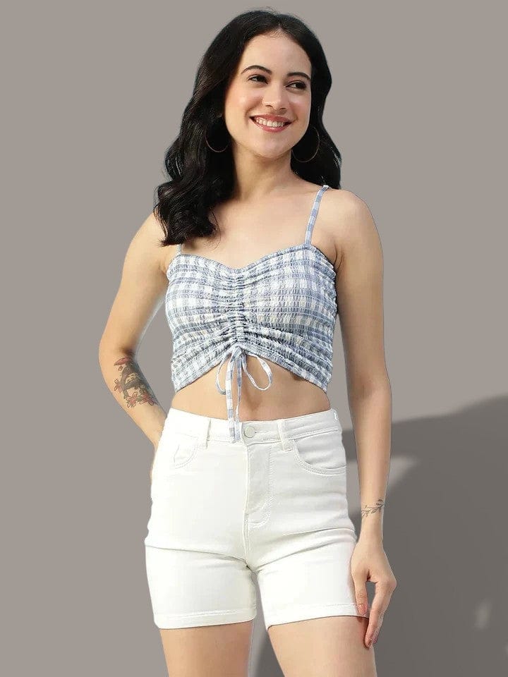Blue Check Print Shoulder Strap Crop Top