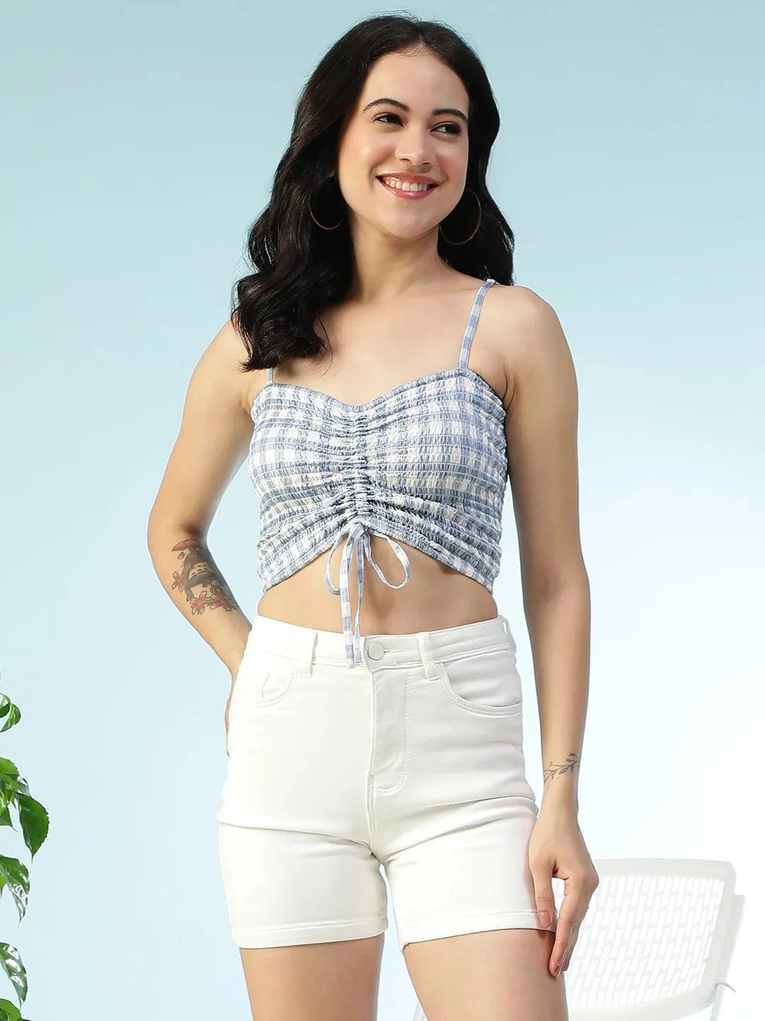 Street Blue Check Print Shoulder Strap Sleeveless Smocked Tie-Up Detail Women  Crop Top