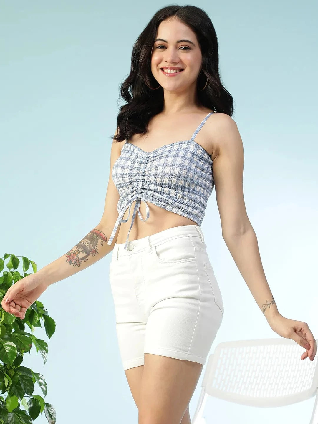Street Blue Check Print Shoulder Strap Sleeveless Smocked Tie-Up Detail Women  Crop Top