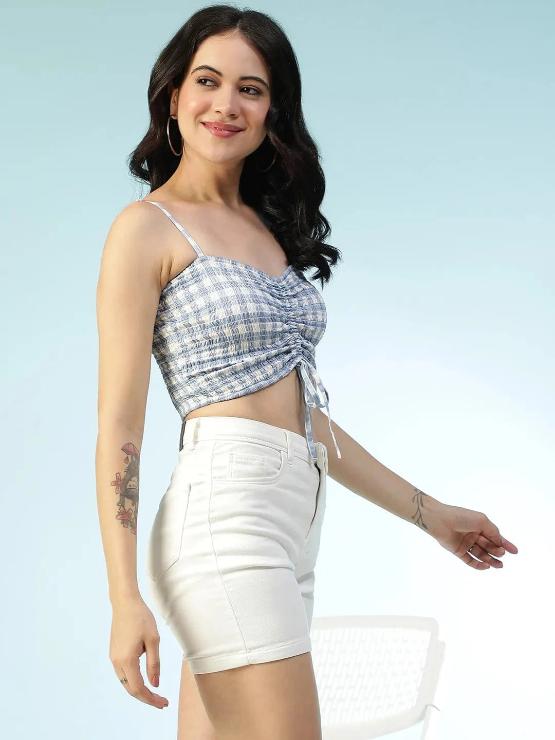 Street Blue Check Print Shoulder Strap Sleeveless Smocked Tie-Up Detail Women  Crop Top