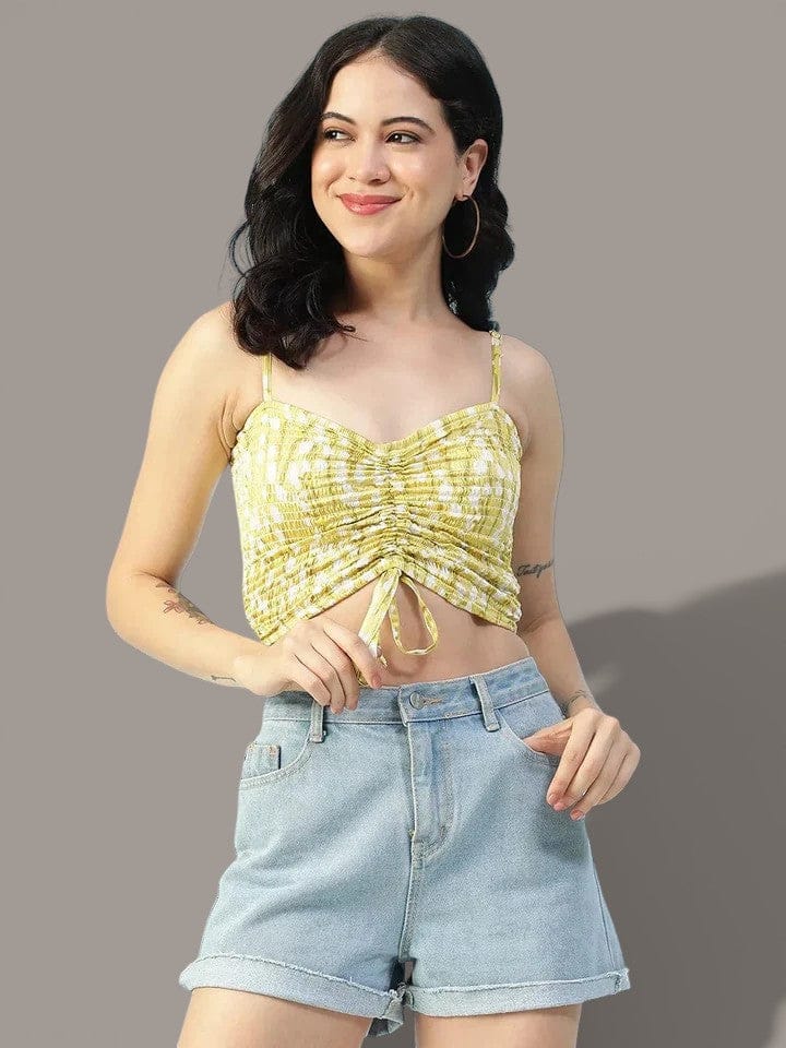 Yellow Floral Print Shoulder Strap Crop Top