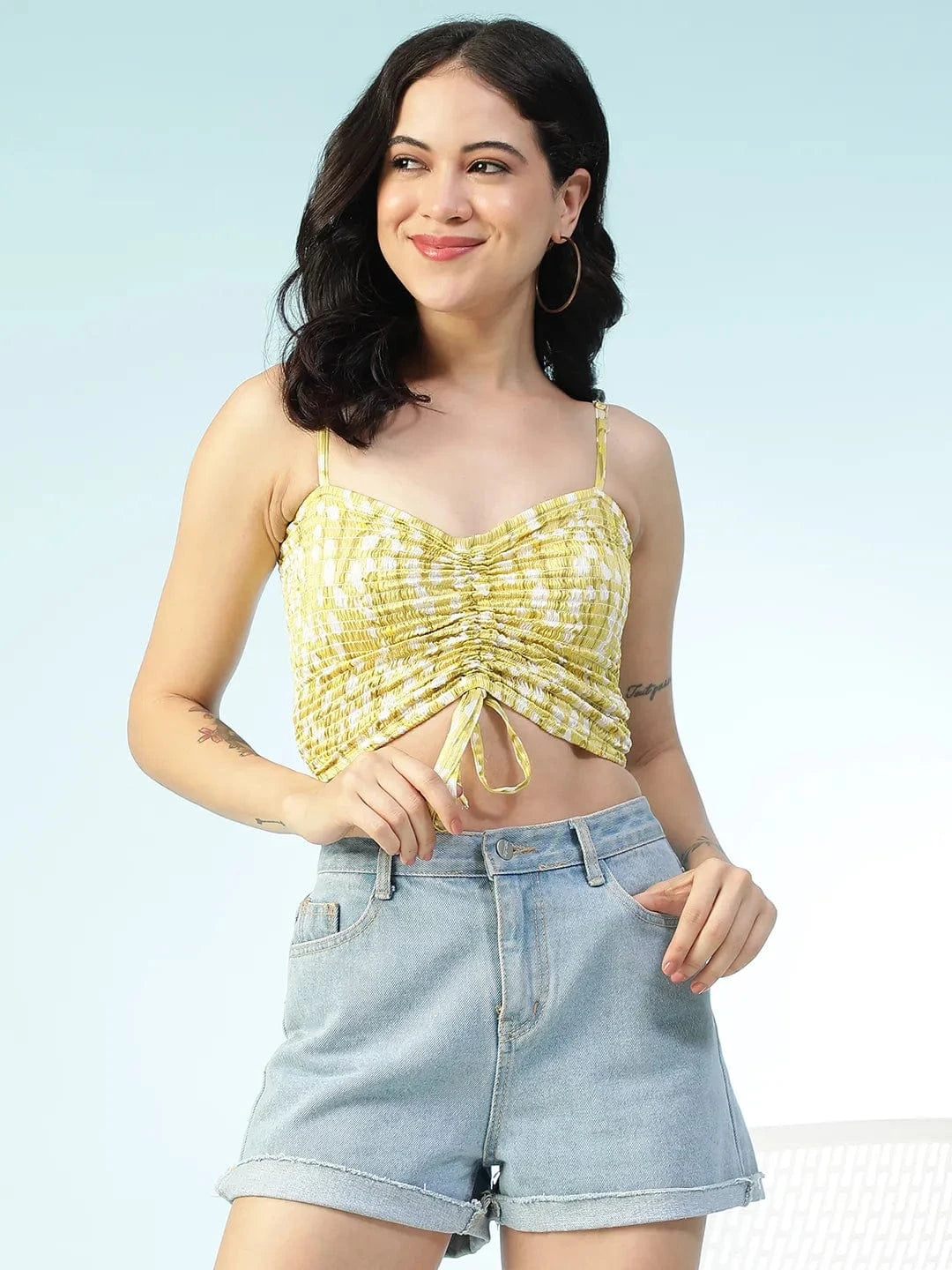 Slay Day Yellow Floral Print Shoulder Strap Sleeveless Smocked Tie-Up Detail Women  Crop Top