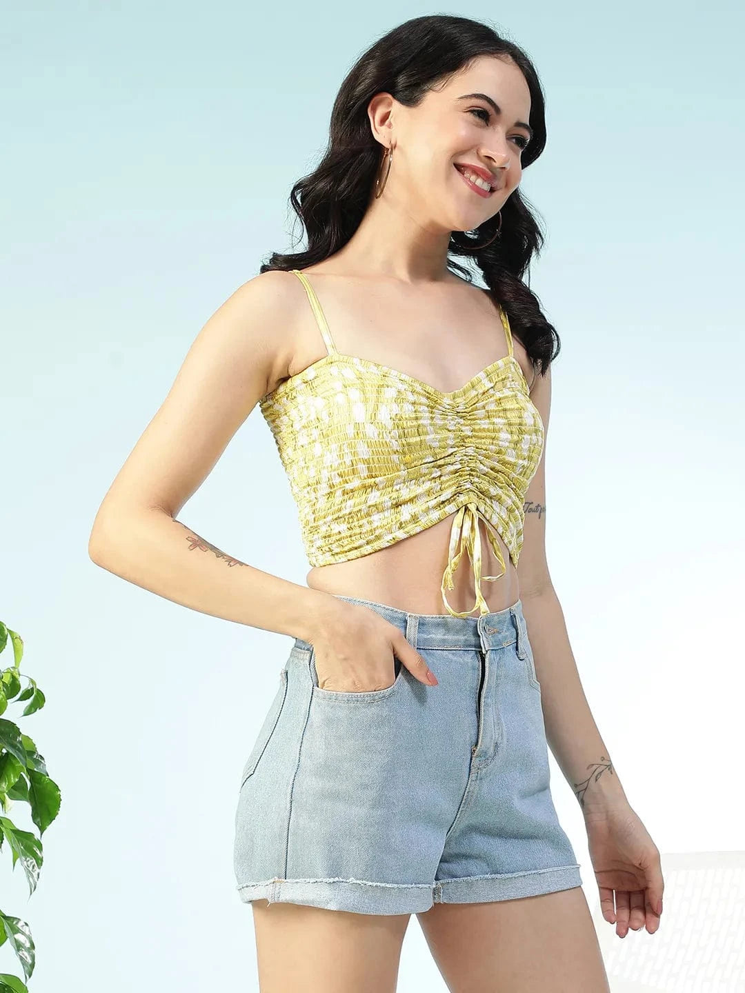 Slay Day Yellow Floral Print Shoulder Strap Sleeveless Smocked Tie-Up Detail Women  Crop Top