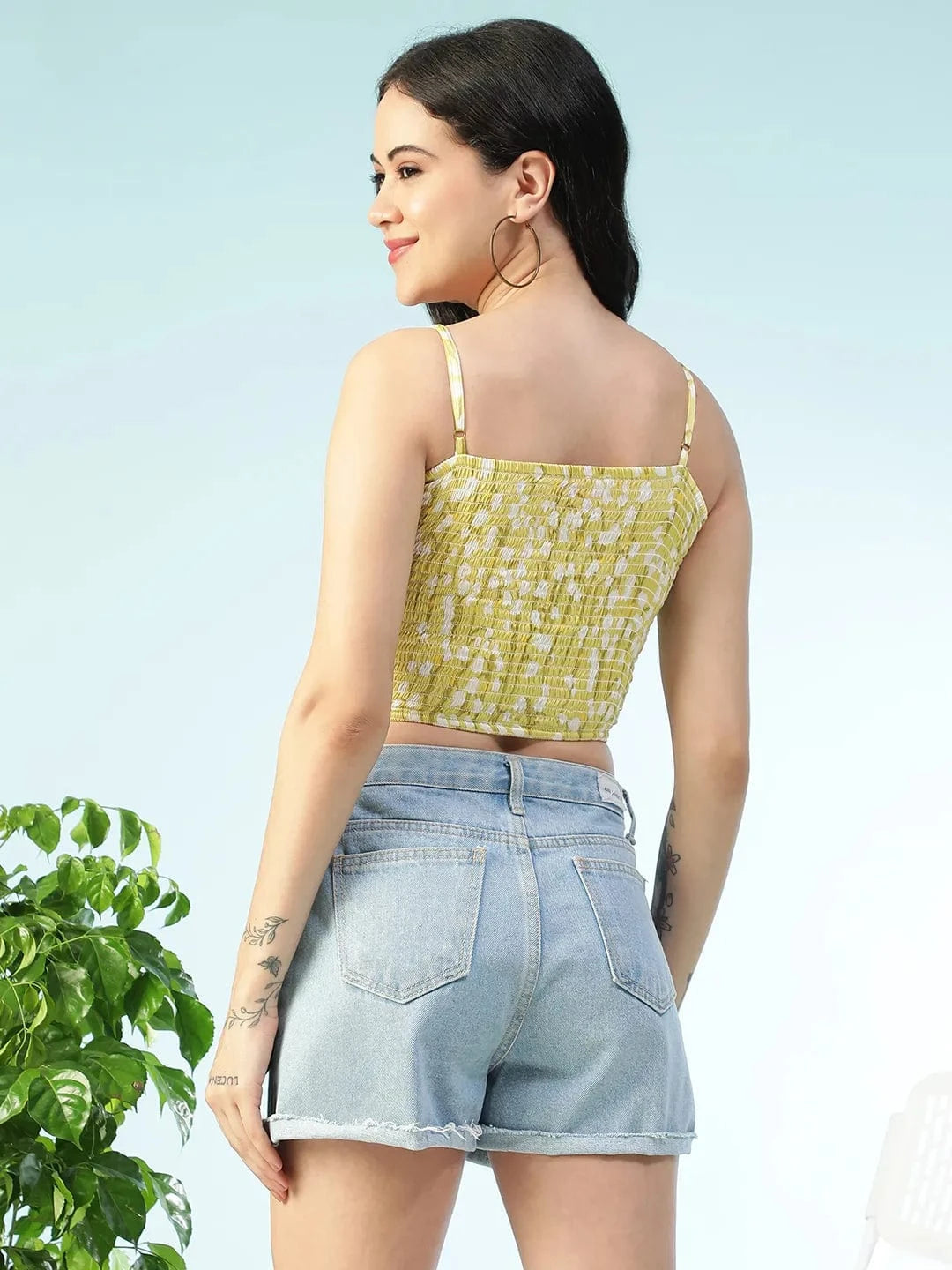 Slay Day Yellow Floral Print Shoulder Strap Sleeveless Smocked Tie-Up Detail Women  Crop Top