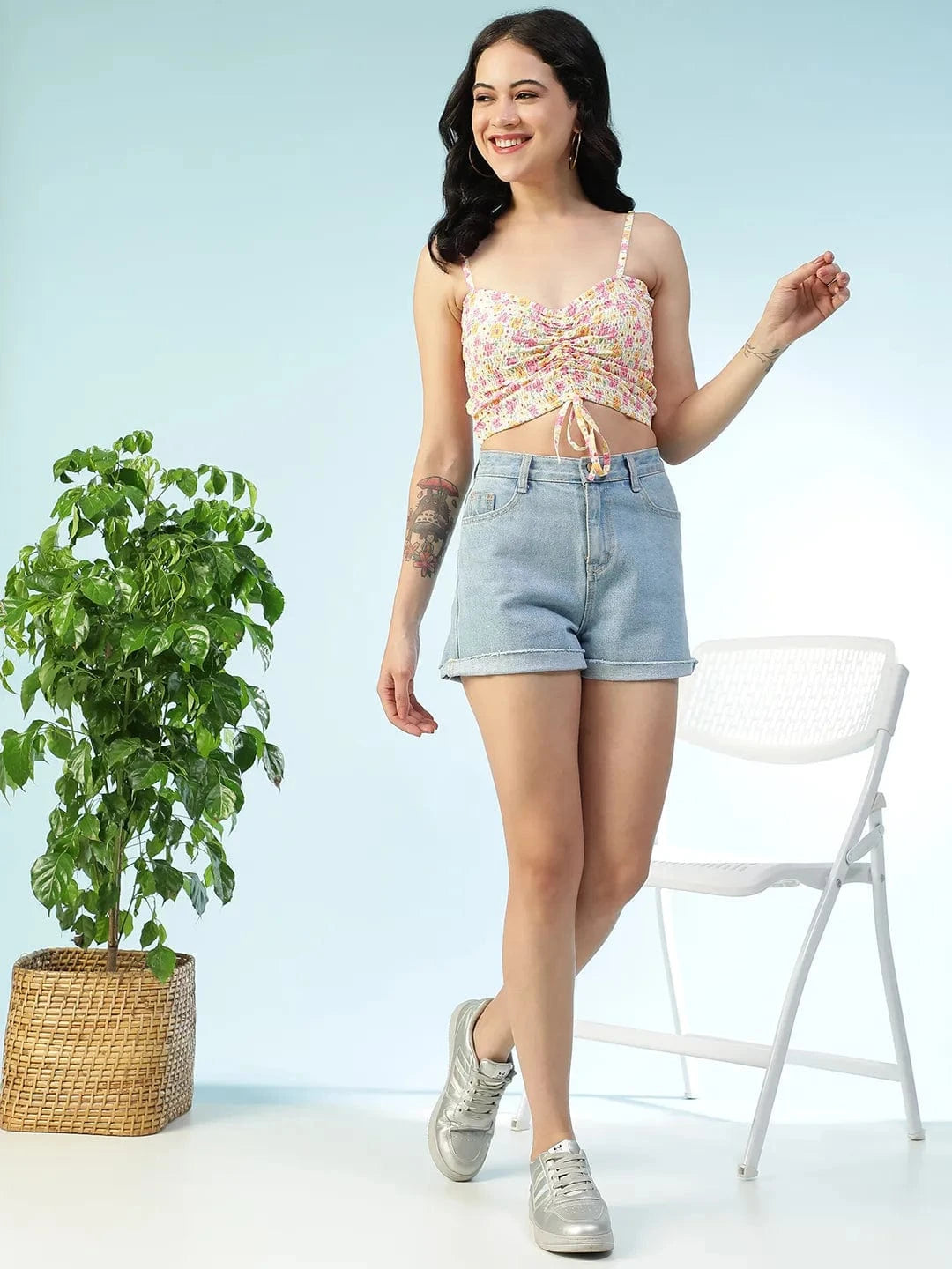 Multicolor Floral Print Shoulder Strap Sleeveless Smocked Tie-Up Detail Women  Crop Top