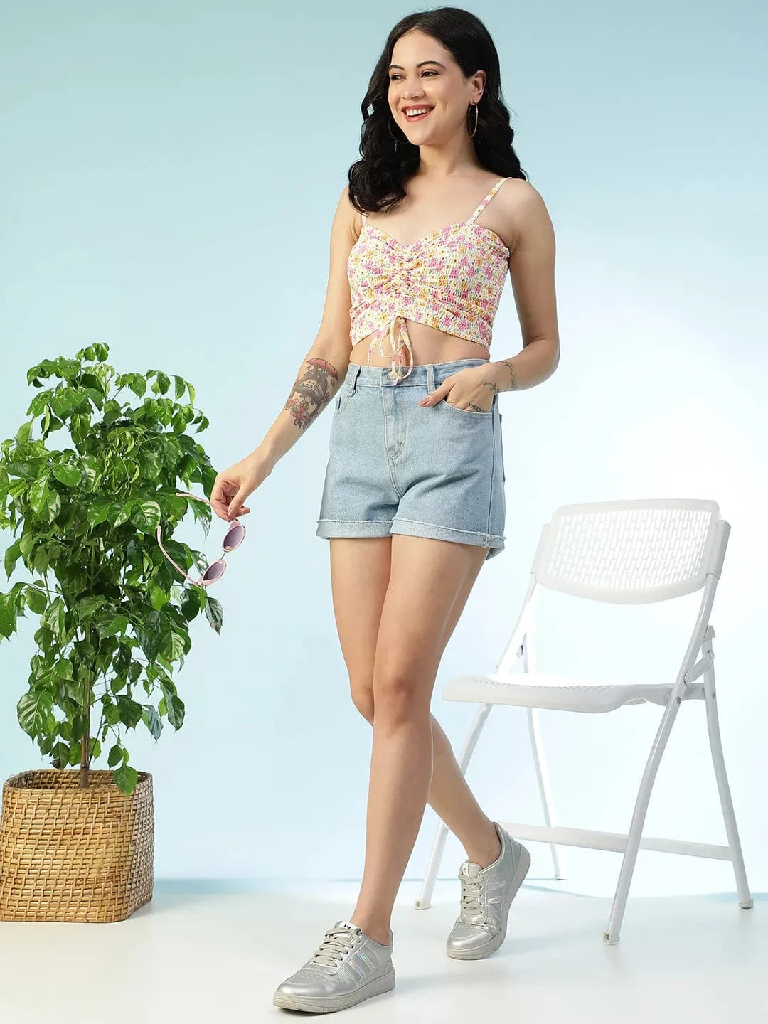 Multicolor Floral Print Shoulder Strap Sleeveless Smocked Tie-Up Detail Women  Crop Top