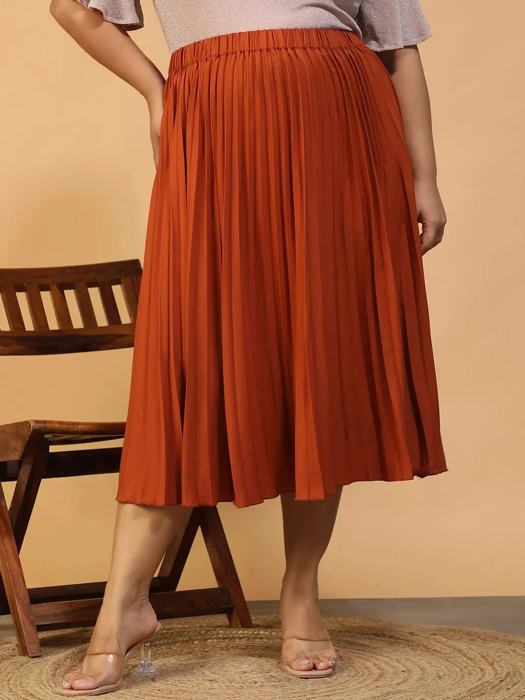 Moodcore Rust Elasticated Pleated Plus Size Women Skirt