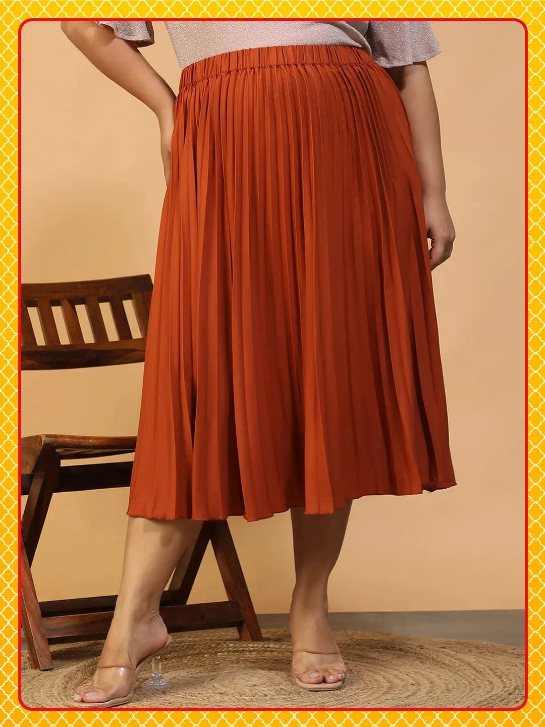 Moodcore Rust Elasticated Pleated Plus Size Women Skirt